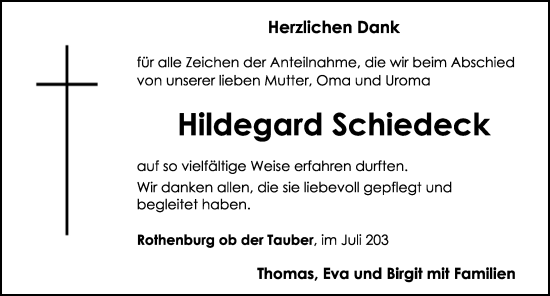 Traueranzeige von Hildegard Schiedeck von Rothenburg