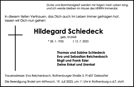 Traueranzeige von Hildegard Schiedeck von Rothenburg