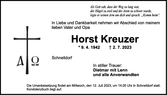 Traueranzeige von Horst Kreuzer von Dinkelsbühl/ Feuchtwangen