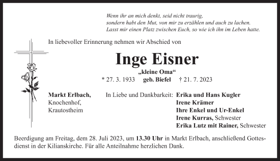 Traueranzeige von Inge Eisner von Neustadt/ Scheinfeld/ Uffenheim