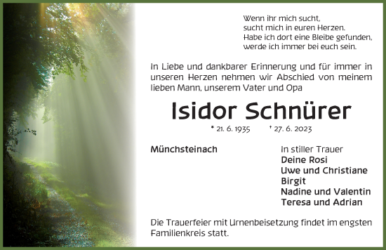 Traueranzeige von Isidor Schnürer von Neustadt/ Scheinfeld/ Uffenheim