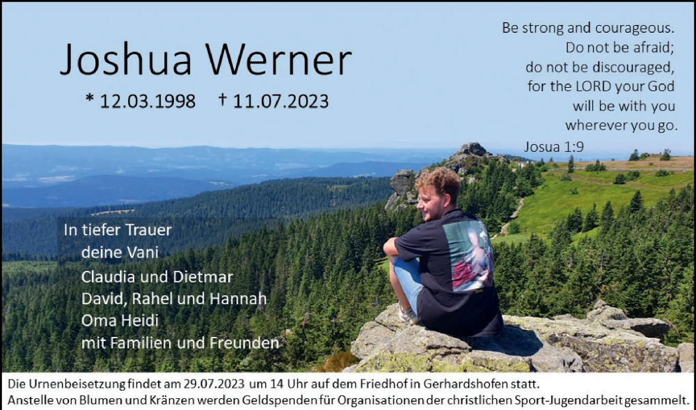  Traueranzeige für Joshua Werner vom 22.07.2023 aus Neustadt/ Scheinfeld/ Uffenheim