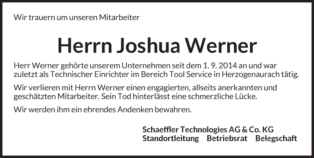  Traueranzeige für Joshua Werner vom 31.07.2023 aus Neustadt/ Scheinfeld/ Uffenheim