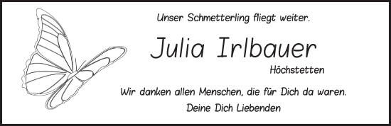 Traueranzeige von Julia Irlbauer von Ansbach