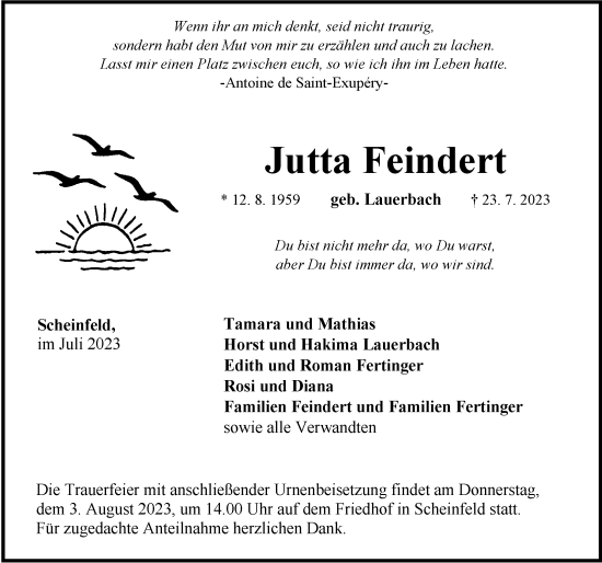 Traueranzeige von Jutta Feindert von Neustadt/ Scheinfeld/ Uffenheim