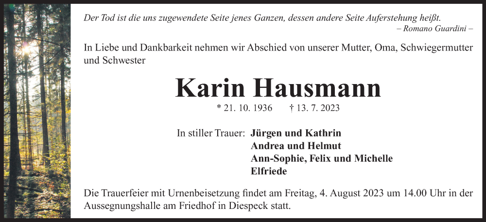  Traueranzeige für Karin Hausmann vom 29.07.2023 aus Neustadt/ Scheinfeld/ Uffenheim