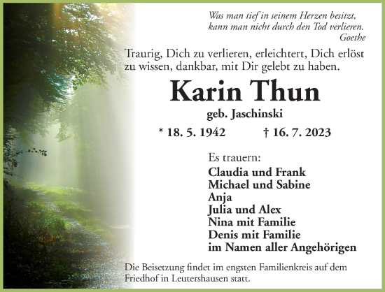 Traueranzeige von Karin Thun von Ansbach