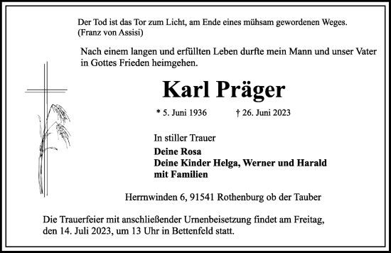 Traueranzeige von Karl Präger von Rothenburg