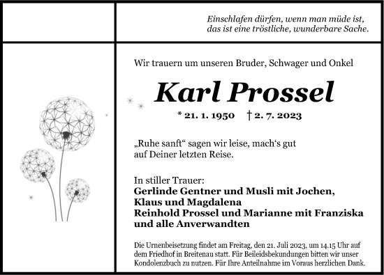 Traueranzeige von Karl Prossel von Dinkelsbühl/ Feuchtwangen