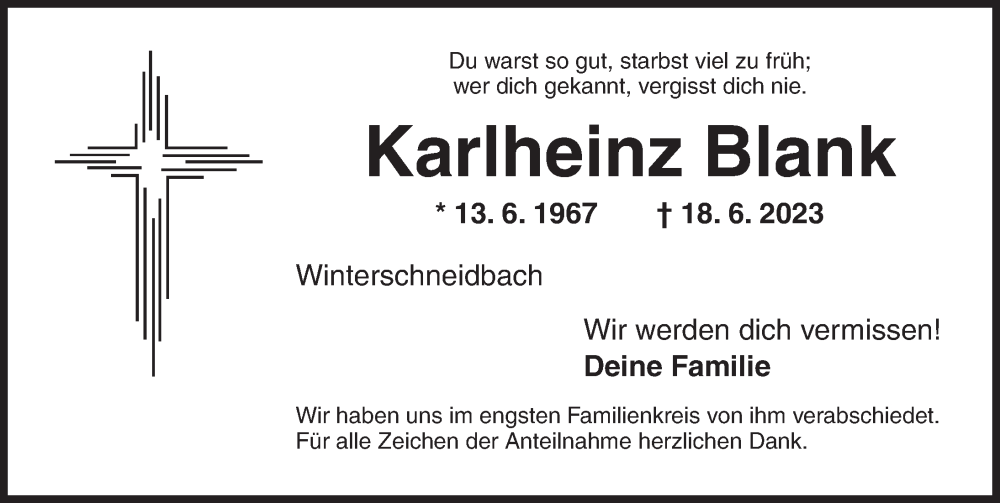  Traueranzeige für Karlheinz Blank vom 05.07.2023 aus Ansbach