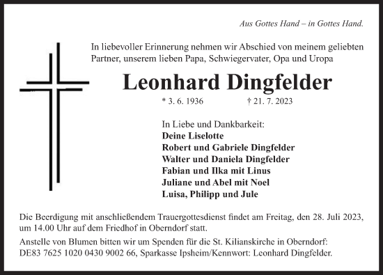 Traueranzeige von Leonhard Dingfelder von Neustadt/ Scheinfeld/ Uffenheim