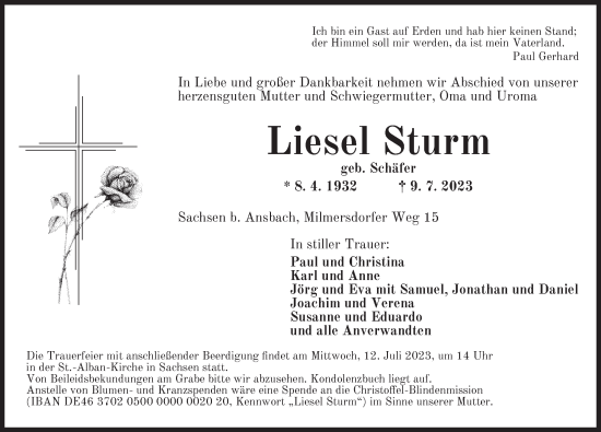 Traueranzeige von Liesel Sturm von Ansbach