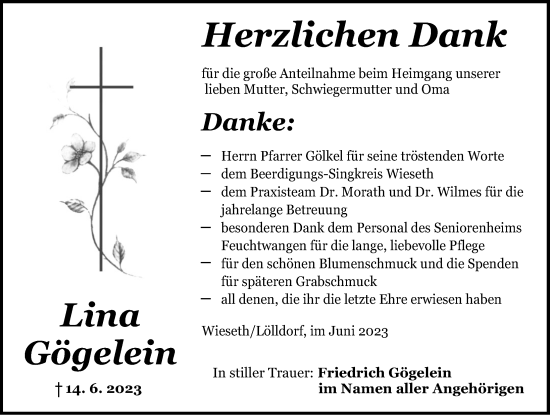 Traueranzeige von Lina Gögelein von Ansbach