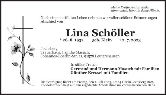 Traueranzeige von Lina Schöller von Ansbach