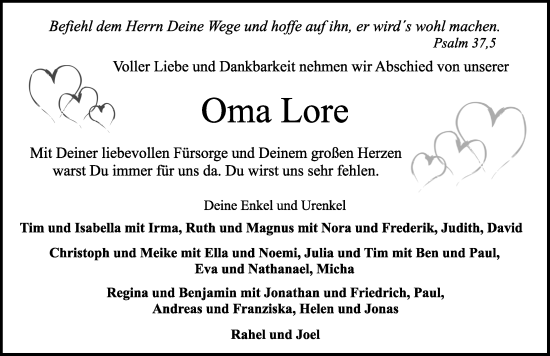 Traueranzeige von Lore  von Dinkelsbühl/ Feuchtwangen