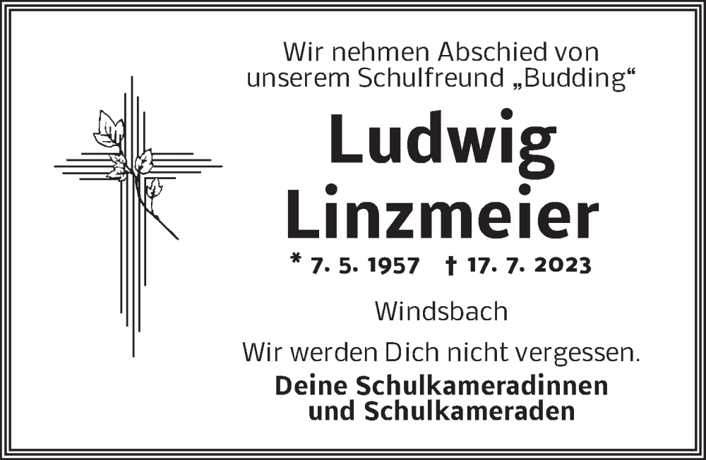  Traueranzeige für Ludwig Linzmeier vom 27.07.2023 aus Ansbach