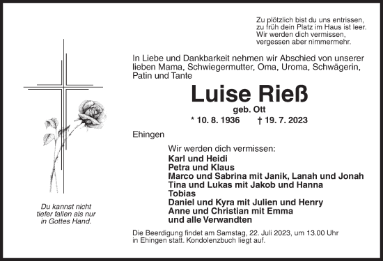 Traueranzeige von Luise Rieß von Dinkelsbühl/ Feuchtwangen