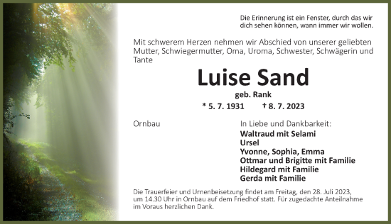 Traueranzeige von Luise Sand von Ansbach