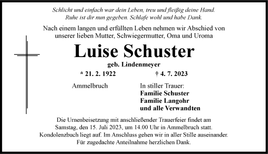 Traueranzeige von Luise Schuster von Dinkelsbühl/ Feuchtwangen