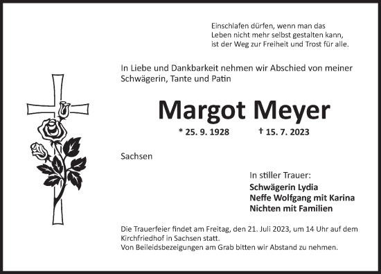 Traueranzeige von Margot Meyer von Ansbach