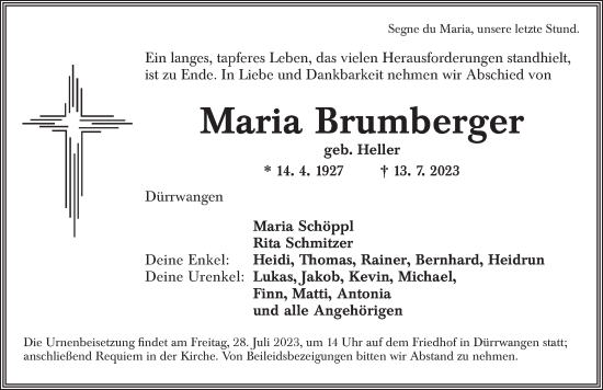 Traueranzeige von Maria Brumberger von Dinkelsbühl/ Feuchtwangen