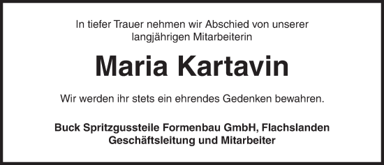 Traueranzeige von Maria Kartavin von Ansbach