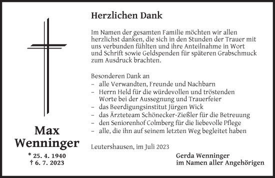 Traueranzeige von Max Wenninger von Ansbach