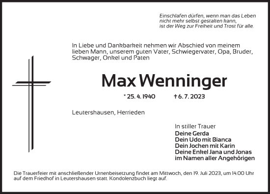 Traueranzeige von Max Wenninger von Ansbach