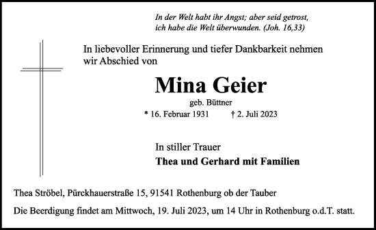 Traueranzeige von Mina Geier von Rothenburg