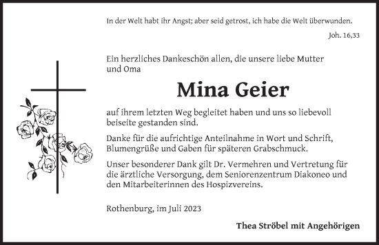 Traueranzeige von Mina Geier von Rothenburg