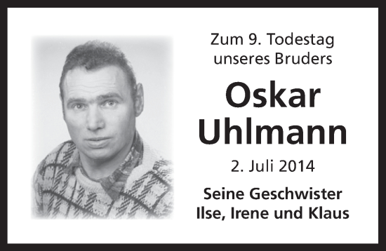 Traueranzeige von Oskar Uhlmann von Ansbach