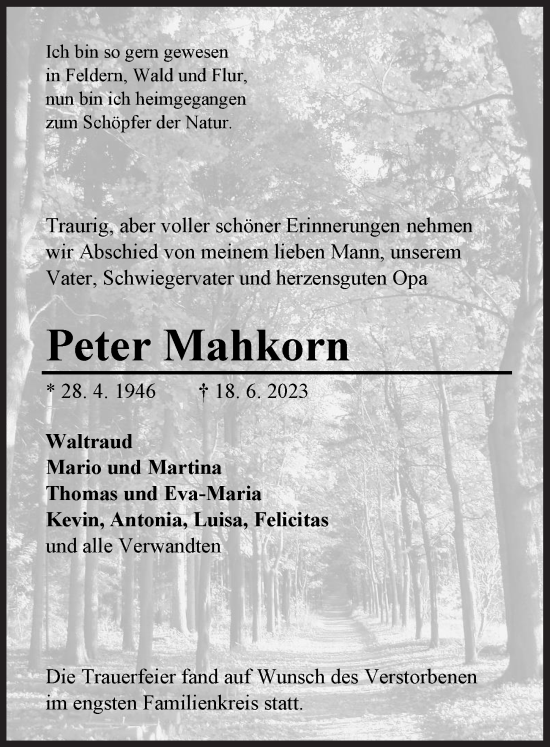 Traueranzeige von Peter Mahkorn von Neustadt/ Scheinfeld/ Uffenheim