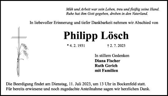 Traueranzeige von Philipp Lösch von Rothenburg