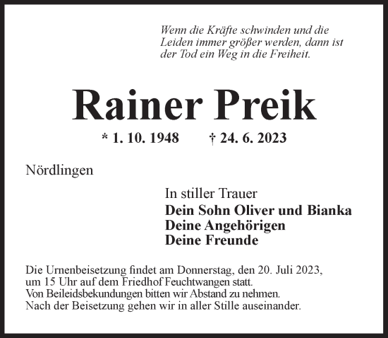 Traueranzeige von Rainer Preik von Dinkelsbühl/ Feuchtwangen