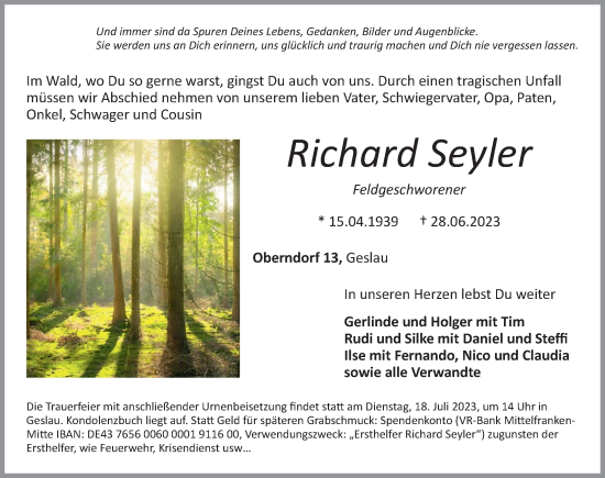 Traueranzeige von Richard Seyler von Rothenburg