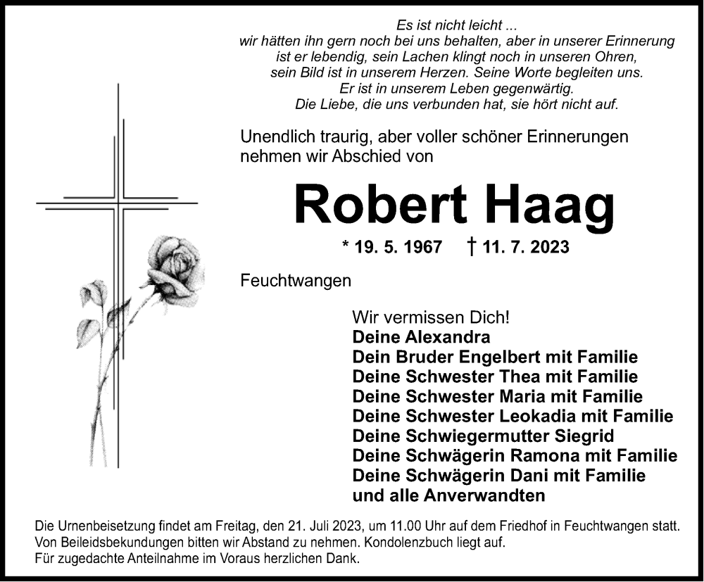  Traueranzeige für Robert Haag vom 19.07.2023 aus Dinkelsbühl/ Feuchtwangen