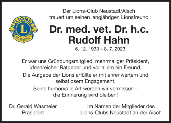 Traueranzeige von Rudolf Hahn von Neustadt/ Scheinfeld/ Uffenheim