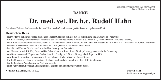 Traueranzeige von Rudolf Hahn von Neustadt/ Scheinfeld/ Uffenheim