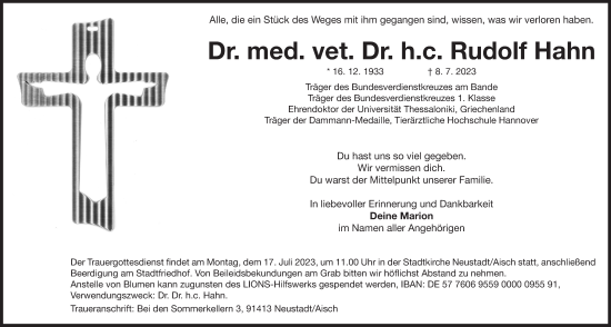 Traueranzeige von Rudolf Hahn von GE