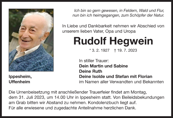 Traueranzeige von Rudolf Hegwein von Neustadt/ Scheinfeld/ Uffenheim