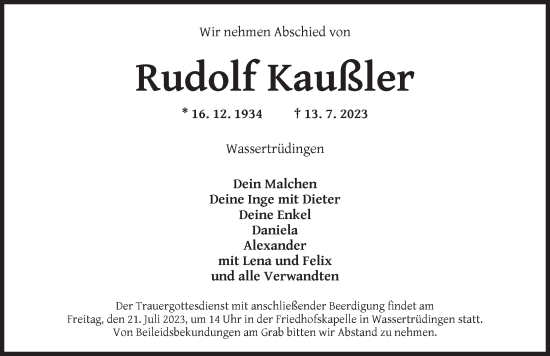 Traueranzeige von Rudolf Kaußler von Dinkelsbühl/ Feuchtwangen