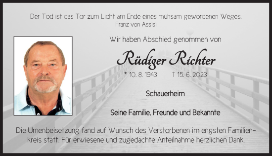 Traueranzeige von Rüdiger Richter von Neustadt/ Scheinfeld/ Uffenheim