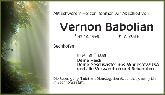 Traueranzeige von Vernon Babolian von Dinkelsbühl/ Feuchtwangen