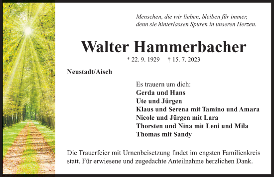 Traueranzeige von Walter Hammerbacher von Neustadt/ Scheinfeld/ Uffenheim