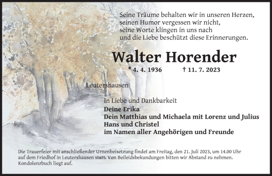 Traueranzeige von Walter Horender von Ansbach