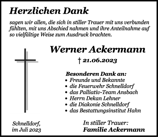 Traueranzeige von Werner Ackermann von Dinkelsbühl/ Feuchtwangen