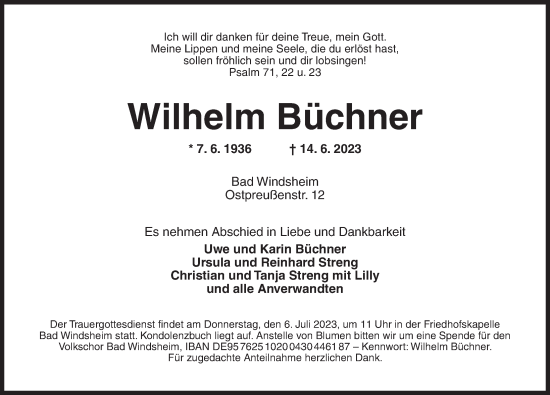 Traueranzeige von Wilhelm Büchner von Neustadt/ Scheinfeld/ Uffenheim