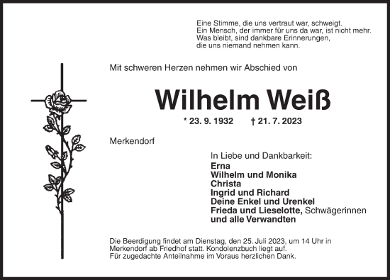 Traueranzeige von Wilhelm Weiß von Ansbach