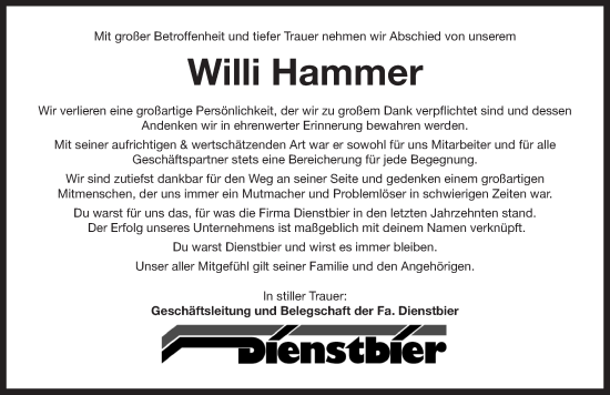 Traueranzeige von Willi Hammer von Neustadt/ Scheinfeld/ Uffenheim