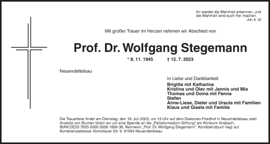 Traueranzeige von Wolfgang Stegemann von Ansbach